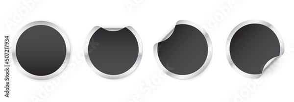 Fototapeta Set of metallic round glued stickers with a black circle. Blank round paper label template with curled corners.