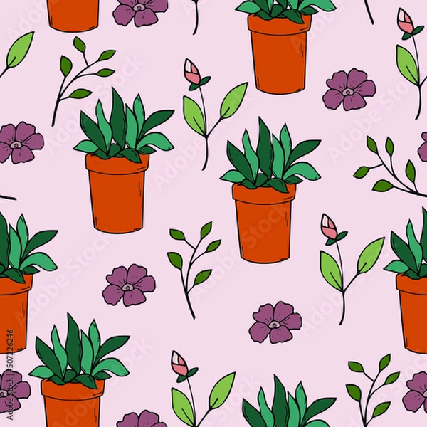 Fototapeta Seamless pattern with home plant in the pot, flower, leaves. Vector hand drawn illustration. Doodle style, endless texture for your design projects