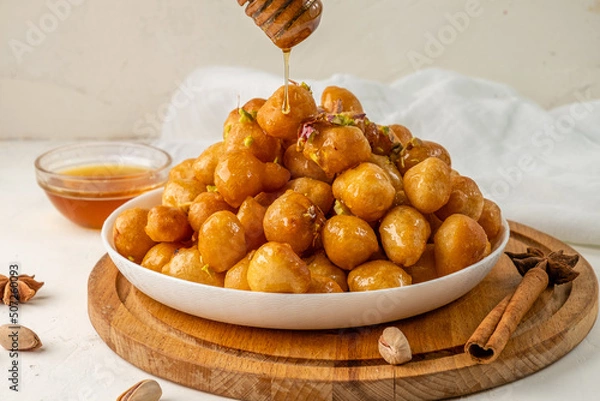 Obraz luqaimat is a traditional sweet, fried dough in honey syrup. Honey flows from a honey spoon to lokma