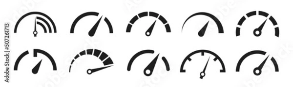 Obraz Dashboard speedometer icons set. Tachometer icon isolated. Performance indicator sign. Car speed. Fast internet speed sign. Stock flat vector elements.