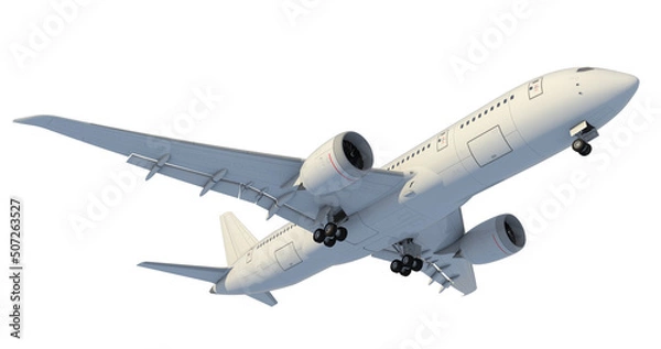 Fototapeta The plane takes off and retracts the landing gear. 3d render isolated on white background