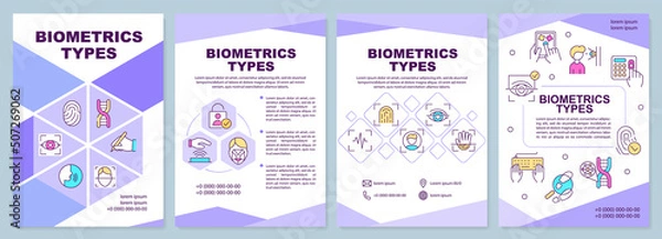 Obraz Biometrics types purple brochure template. Digital identity. Leaflet design with linear icons. Editable 4 vector layouts for presentation, annual reports. Arial-Black, Myriad Pro-Regular fonts used
