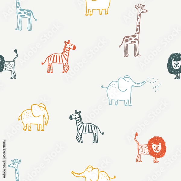 Fototapeta Seamless pattern with cute hand drawn animals