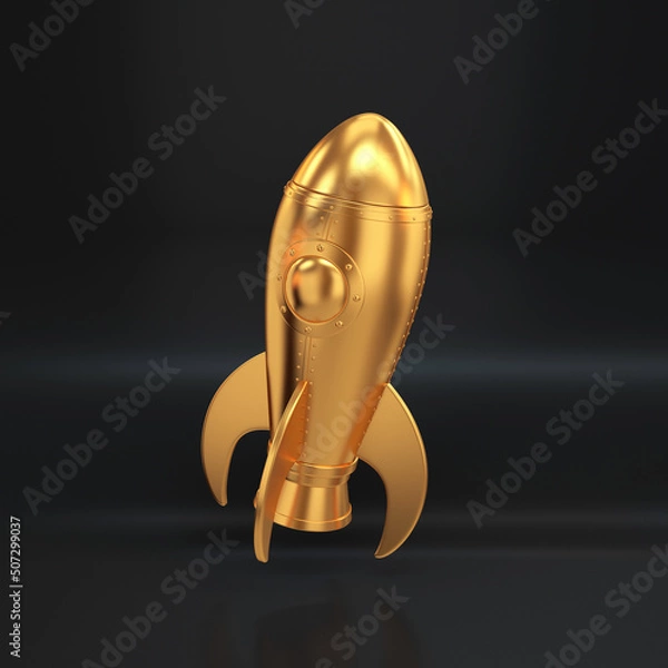 Fototapeta Golden rocket hovering on a black background, 3d render