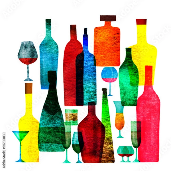 Fototapeta Textured watercolor silhouettes of different bottles and glasses. Wine illustration. Print. Isolated.