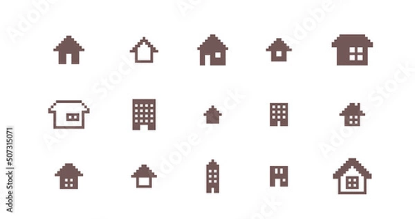 Fototapeta ドット絵　かわいい家のアイコン装飾イラストセット　建物　マンション　一軒家　ピクセル