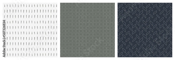 Obraz Simple masculine seamless pattern set in olive green, dark grey and white neutral colors. Abstract modern graphic design with hand drawn herringbone, square and pain mark motifs for textile print or p