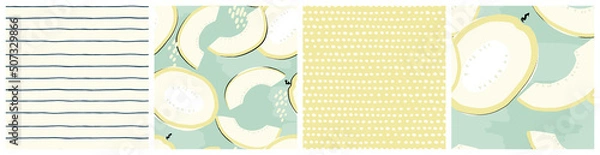 Fototapeta Fresh melon botanical seamless pattern set. Abstract modern graphic design with hand drawn simple food motifs for kitchen textile or product packaging in yellow, white and mint colors.