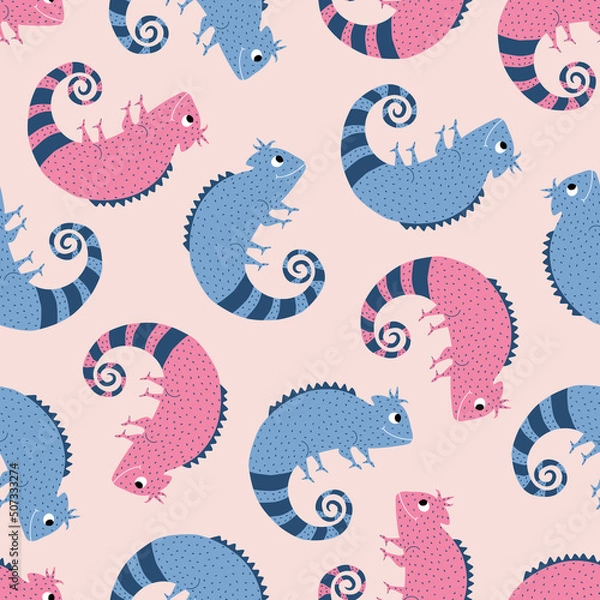 Fototapeta Cute chameleons hand drawn vector illustration. Funny exotic lizard in flat style. Seamless pattern for kids fabric or wallpaper.