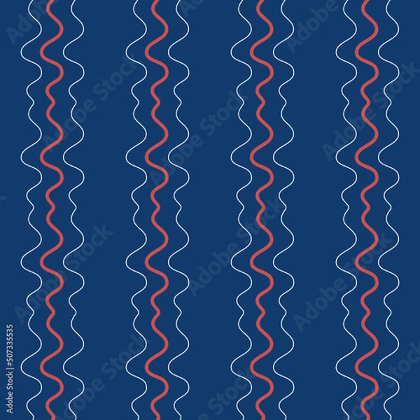 Fototapeta red and blue wave line on dark blue background, seamless pattern 