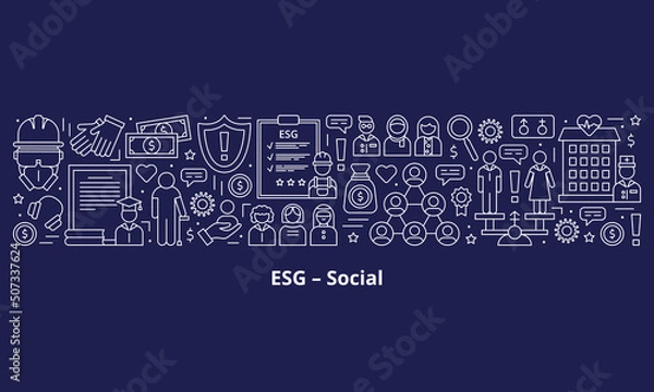 Fototapeta Set icons, ESG social concept. The icons are in the centre of the banner, the headline below them. Banner. Template. Illustration isolated on a dark background.
