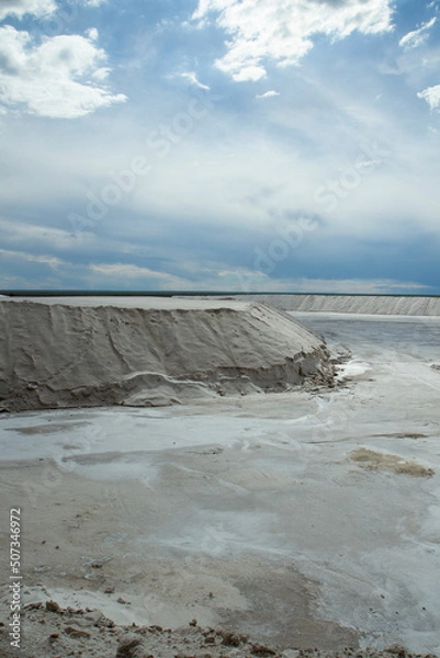 Obraz Industrial. View of the natural white salt flats and open cast mining pit under a beautiful sky.