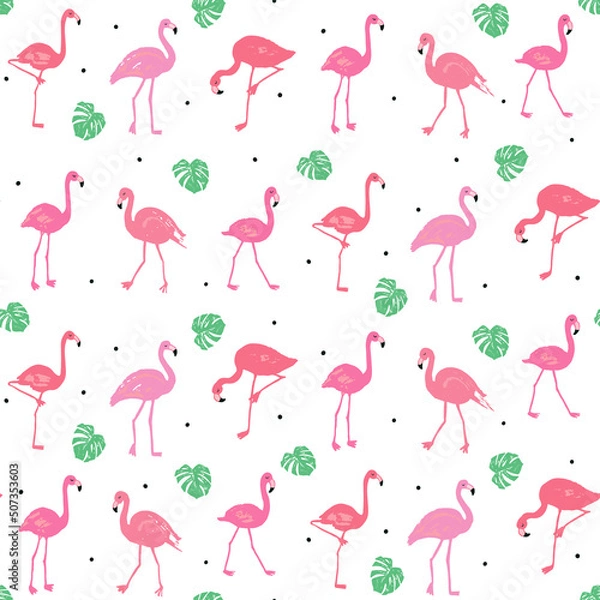 Fototapeta Flamingo with palm tree leaves seamless vector pattern