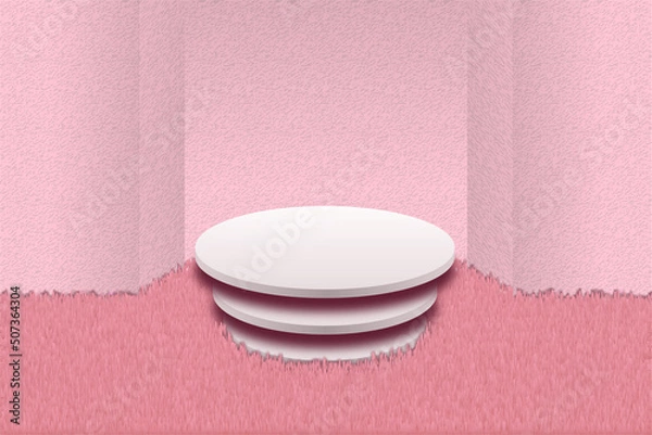 Obraz Multi-tiered round white podium on pile fluffy pink carpet. Plastered pink wall with niche. Show platform or pedestal