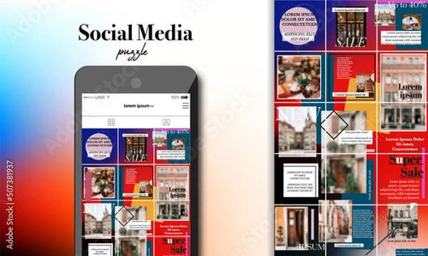 Fototapeta Social Media Puzzle Template Pack for creature your unique content. Mockup set for personal blog presentation. Modern ultra endless pastel banner, screen. app editorial service. Endless square smm WEB