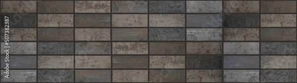Fototapeta Gray grey brown vintage retro geometric rectangular mosaic motif cement concrete tiles texture background banner panorama