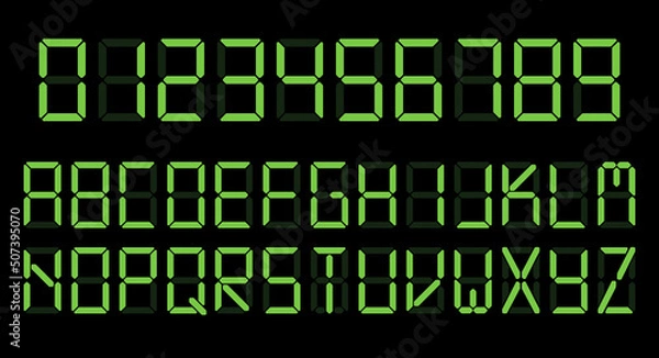 Obraz Green digital clock number set. Led digit alphabet. Flat vector illustration isolated on white background.