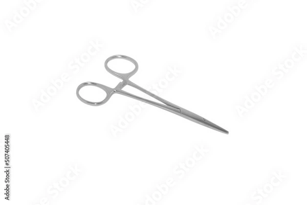 Obraz Small Surgical Clamp Scissors deep etched on white background