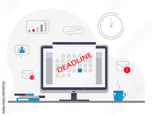 Fototapeta Date and time banner. Computer with a calendar. Flat vector illustration.