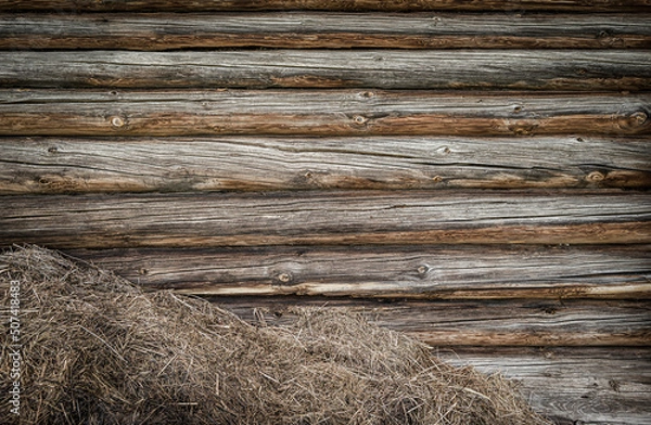 Obraz A pile of straw against a wooden wall. The old barn wall. Rustic background with a place to record.