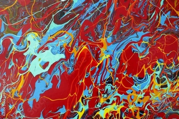 Fototapeta Magnificent abstract background with a mixture of colors, red, blue and orange paint drips, fantastic colored universe, colored lines and shapes
