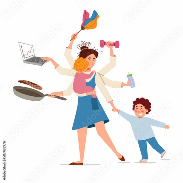 Fototapeta Multitasking mom in the image of Shiva. A woman cooks food, cleans dust, takes care of children and works at a laptop. Vector illustration of a housewife in a flat style.