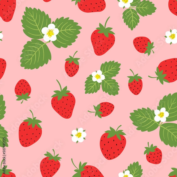 Obraz Seamless pattern with strawberries on pink background. Summer  vector illustration. Texture for print, textile, fabric, packaging.