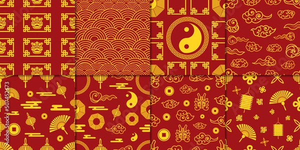 Fototapeta Set of Golden Chinese Pattern. Maroon Background Abstract Concept. Decorative Wallpaper.