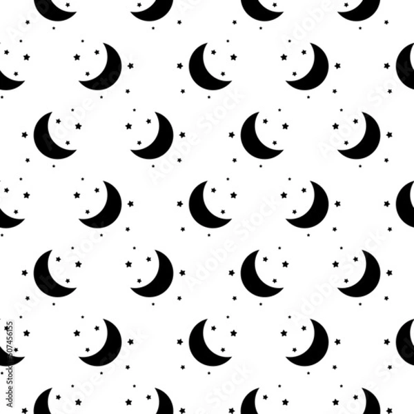 Obraz Seamless pattern with black half moon, crescents and stars on white background. Night, sky, dream, sleep ornament. Mystic, magic, sorcery wallpaper.