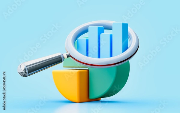 Fototapeta pie chart magnify glass 3d illustration growth stock diagram financial graph search find strategy 