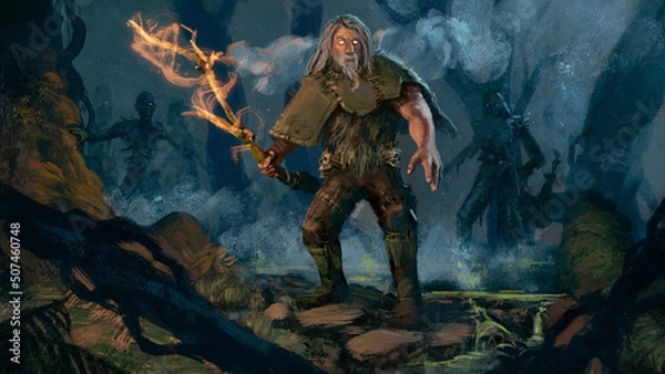 Fototapeta Cyfrowa ilustracja 3D przedstawiająca czarodzieja nekromantę rzucającego zaklęcie i wskrzeszającego martwe stwory - malarstwo fantasy