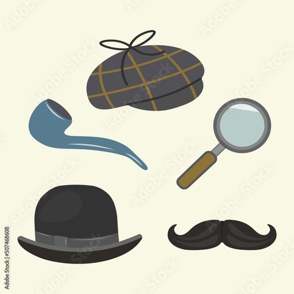 Fototapeta Detective set. Bowler hat, cap, smoking pipe, magnifying glass, detective-sleuth mustache. Gentlemen's set. Isolated vector icons. Private detective accessories, classic Sherlock Holmes paraphernalia.