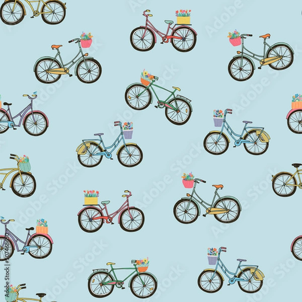 Obraz Bicycles with flower baskets vector seamless pattern
