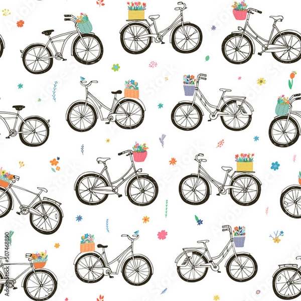 Obraz Bicycles with flower baskets vector seamless pattern