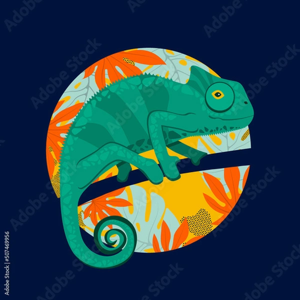 Obraz Cute green chameleon walking on tree branch,  vector illustration.