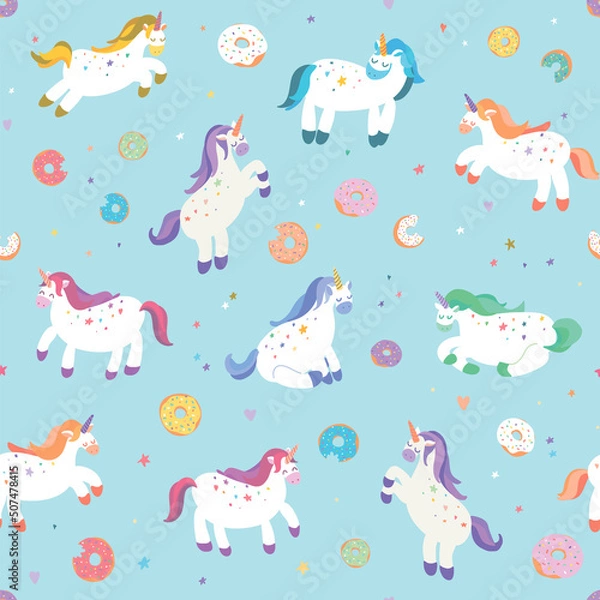 Fototapeta Unicorns with donuts vector seamless pattern