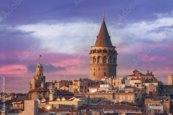 Fototapeta View of Galata Tower in Istanbul before sunset