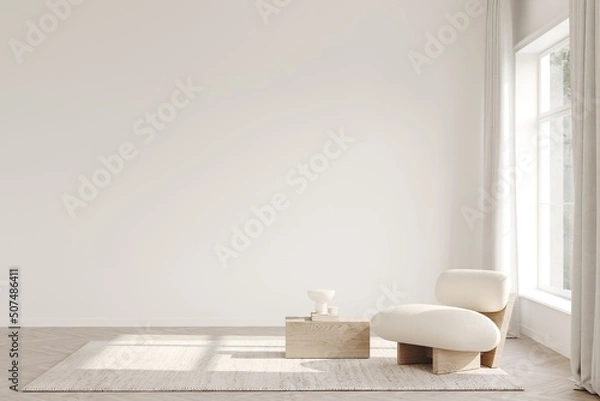 Fototapeta White room with fashionable sofa and a coffee table on a wooden parquet. Light and shadows on the foor. 3D rendering, layout for art presentation
