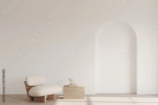Fototapeta White room with armchair and a coffee table, empty white wall with decorative arch. Light and shadows on the foor. 3D rendering, layout for art presentation