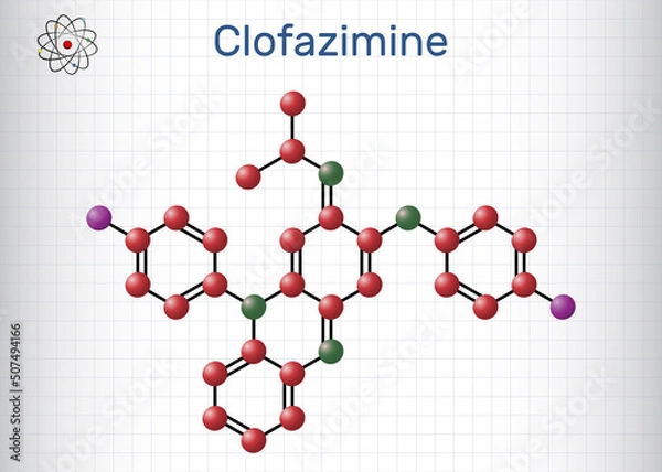 Fototapeta Clofazimine molecule. It is riminophenazine antimycobacterial used to treat leprosy. Molecule model. Sheet of paper in a cage
