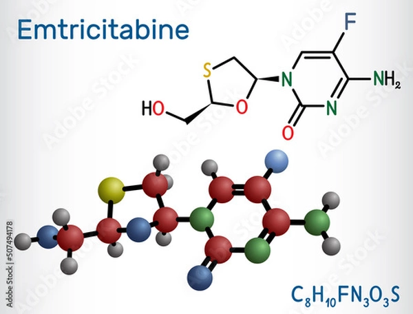 Fototapeta Emtricitabine, FTC molecule. It is nucleoside reverse transcriptase inhibitor used for treatment of HIV. Structural chemical formula and molecule model. Vector illustration
