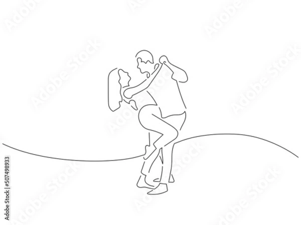 Fototapeta Modern dancers in line art drawing style. Composition of a couple dancing. Black linear sketch isolated on white background. Vector illustration design.