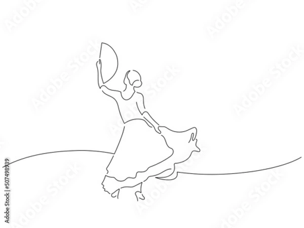 Fototapeta Flamenco dancer in line art drawing style. Composition of traditional spanish musicians. Black linear sketch isolated on white background. Vector illustration design.