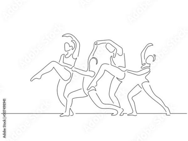 Fototapeta Classic dancers in line art drawing style. Composition of a ballet group dancing. Black linear sketch isolated on white background. Vector illustration design.