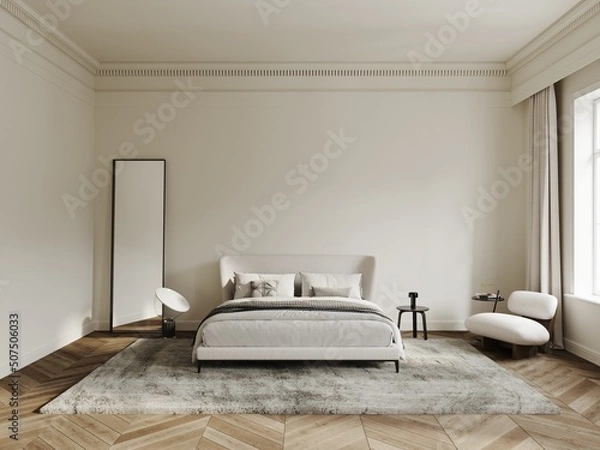 Fototapeta Bedroom in classical style mockup with wooden floor, white walls, curtains, carpet, lamp, vases and window 3d render