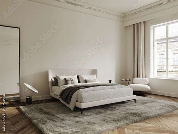 Fototapeta Bedroom in classical style mockup with wooden floor, white walls, curtains, carpet, lamp, vases and window 3d render