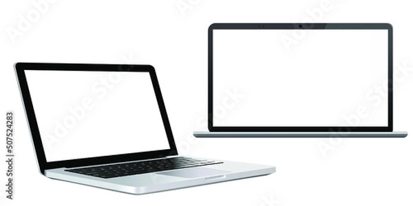 Fototapeta Two modern laptops with blank screens mockup for showcasing web projects.