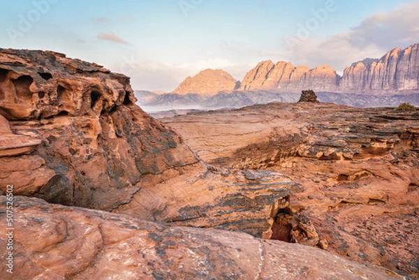 Obraz Red sandstone rocks formations in Wadi Rum also known as Valley of the Moon desert, Jordan, scene reminiscent to Mars planet