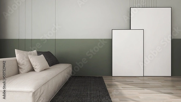 Fototapeta White frame mockup interior in modern with sofa minimal vintage pastel hipster. decoration, Contemporary -3d Rendering