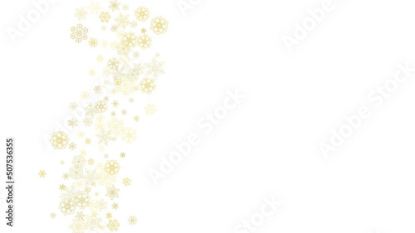Fototapeta Glitter snowflakes frame on white horizontal background. Shiny Christmas and New Year frame for gift certificate, ads, banners, flyers. Falling snow with golden glitter snowflakes for party invite